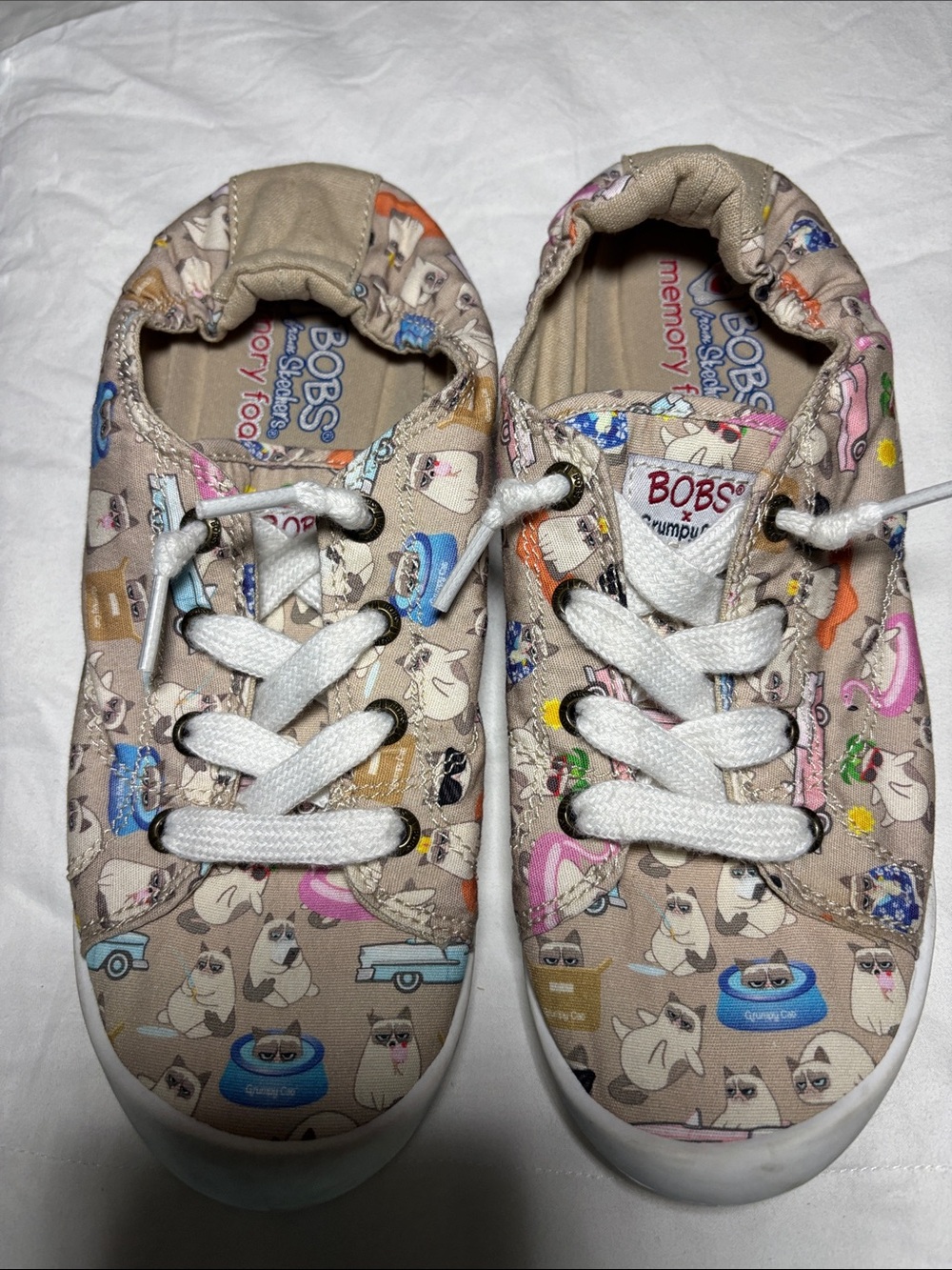 BOBS from Skechers Beige Grumpy Cat Sneakers with White Laces